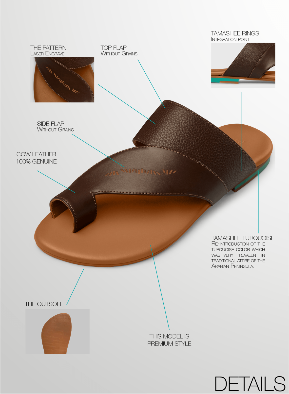 Tamashee Talaheeq Sandals modern leather flat sandals|Tamashee A'ameda Sandals trendy flat sandals for summer|Story of |Tamashee A'ameda Sandals summer ready Arabic sandals|Detail of |Tamashee A'ameda Sandals light leather sandals for UAE|Tamashee A'ameda