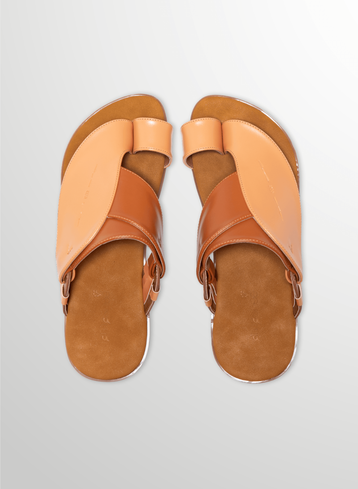 A pair of men's slide sandals shown from a top-down view