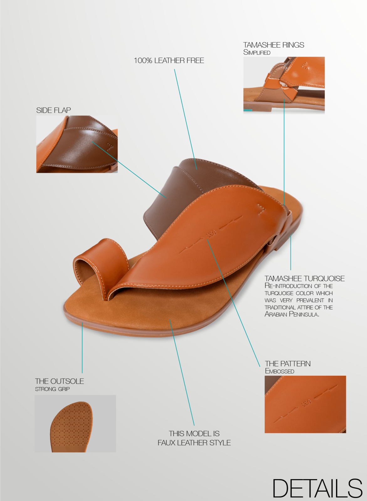 Baseet casual mens sandals|Tamashee Arabic style sandals|Detail image of Tamashee mens sandals cow leather|Story of Arabic sandals for men|صندل تماشي مريح مع تصميم متين للاستخدام الطويل|Cow leather sandals for men|Story of Baseet Mens sandals traditional 