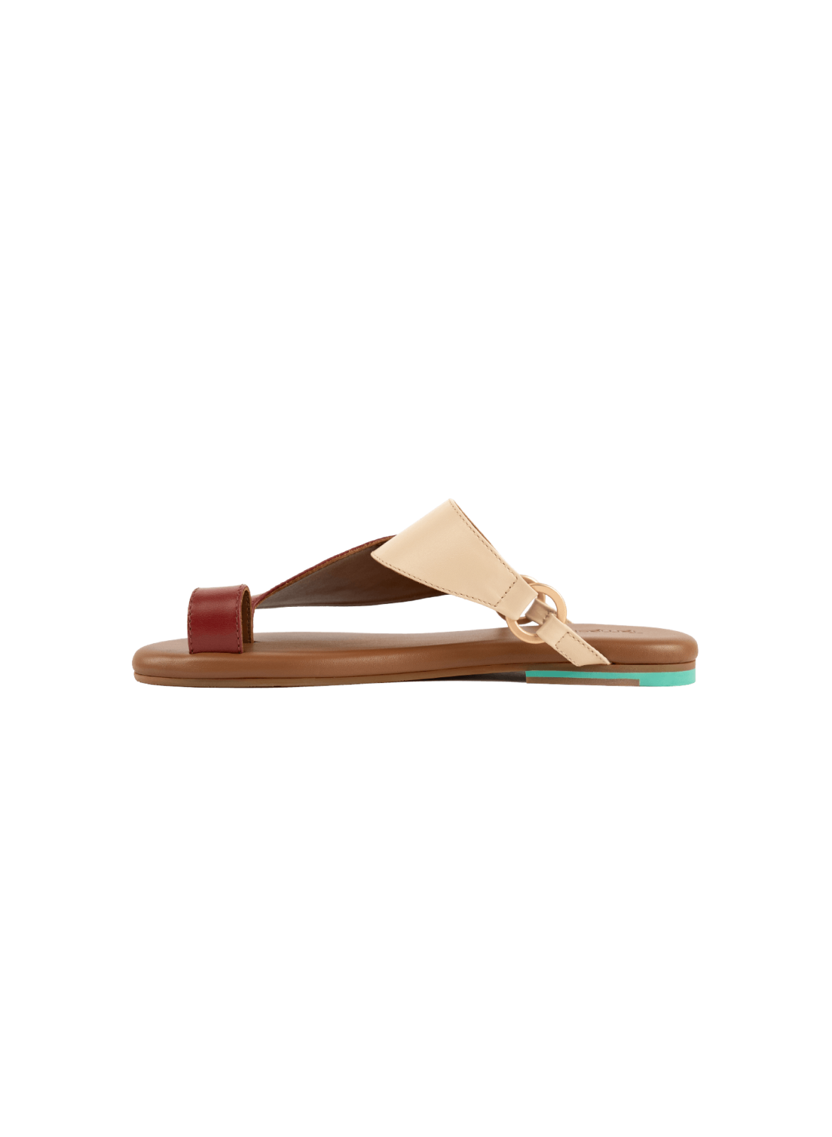 Side View of Mahzam Women Sandals|Tamashee Mahzam Sandals For Women Premium Cow Leather|Traditional Burgundy Mahzam Tamashee Sandals for women|Iron matte gold ring of Burgundy Sandals for Women|Upper View of Talaheeq cow leather mix of natural and Burgund