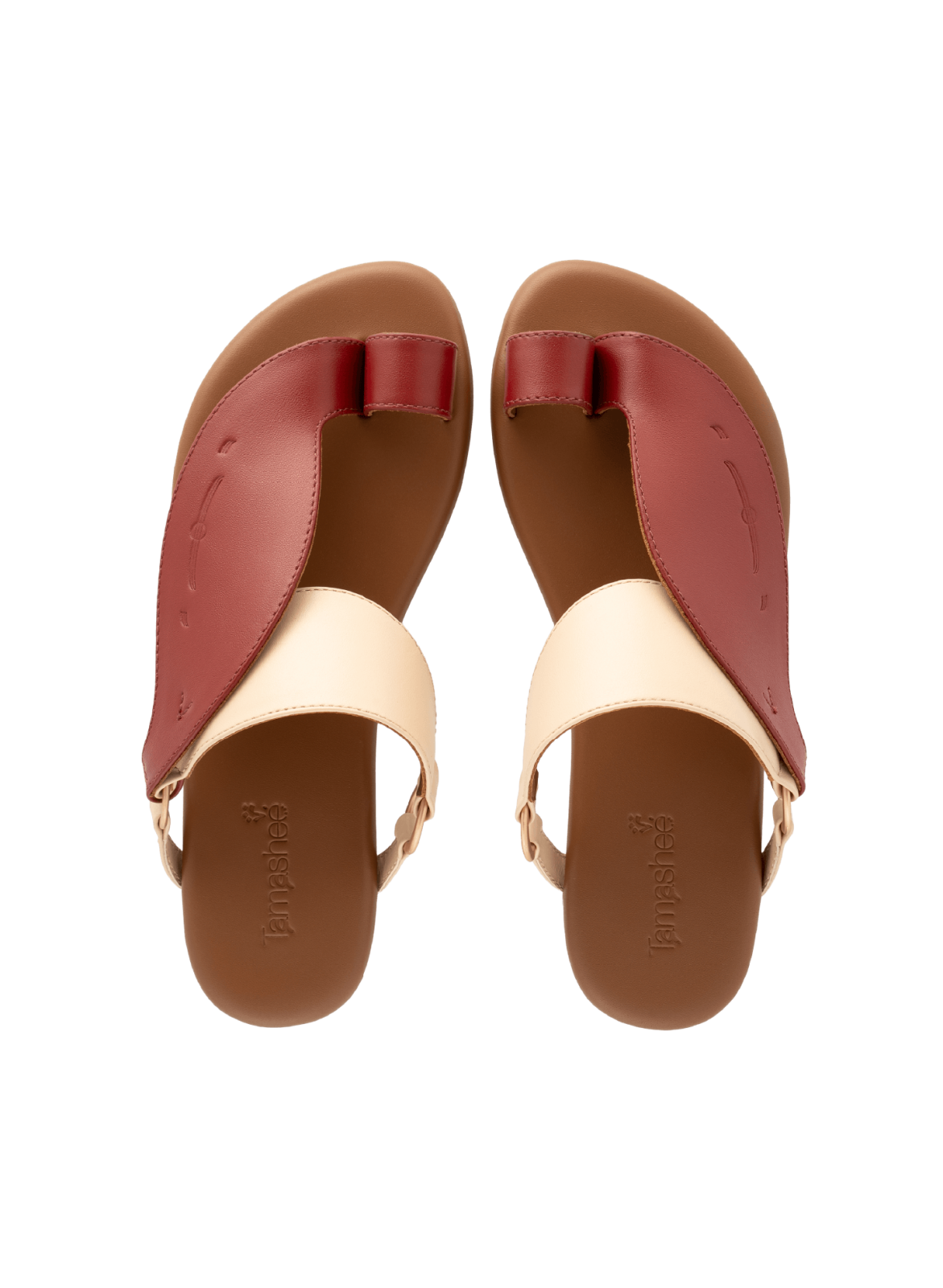 Side View of Mahzam Women Sandals|Tamashee Mahzam Sandals For Women Premium Cow Leather|Traditional Burgundy Mahzam Tamashee Sandals for women|Iron matte gold ring of Burgundy Sandals for Women|Upper View of Talaheeq cow leather mix of natural and Burgund