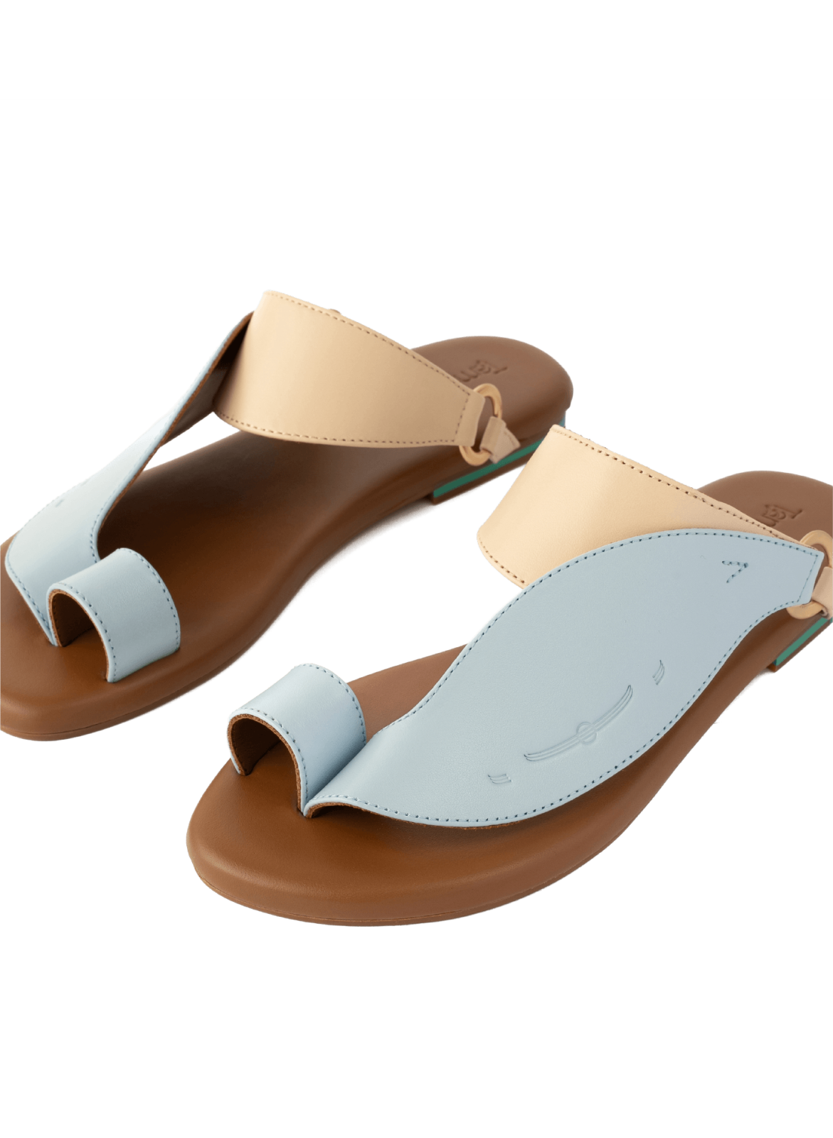 Side View of Talaheeq Women Sandals|Cow Leather Sandals For Women Stylish Arabic Flat Sandals|Talaheeq cow leather mix of natural and light blue color|Talaheeq cow leather mix of natural and light blue color|Upper View of Talaheeq Sandals For women|Highli