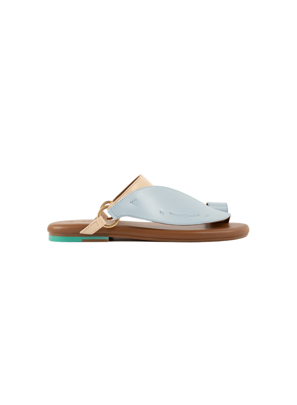 Side View of Talaheeq Women Sandals|Cow Leather Sandals For Women Stylish Arabic Flat Sandals|Talaheeq cow leather mix of natural and light blue color|Talaheeq cow leather mix of natural and light blue color|Upper View of Talaheeq Sandals For women|Highli