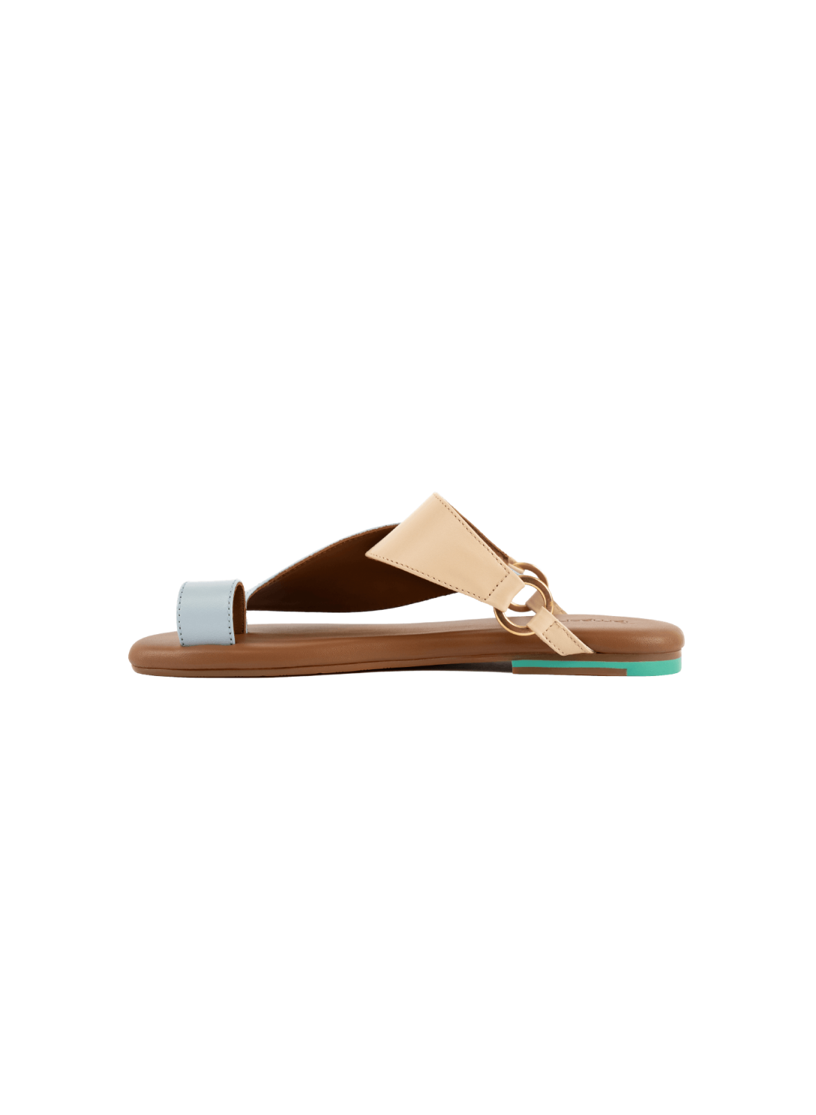 Side View of Talaheeq Women Sandals|Cow Leather Sandals For Women Stylish Arabic Flat Sandals|Talaheeq cow leather mix of natural and light blue color|Iron matte gold ring of Talaheeq cow leather|Upper View of Talaheeq Sandals For women|Highlight Informat