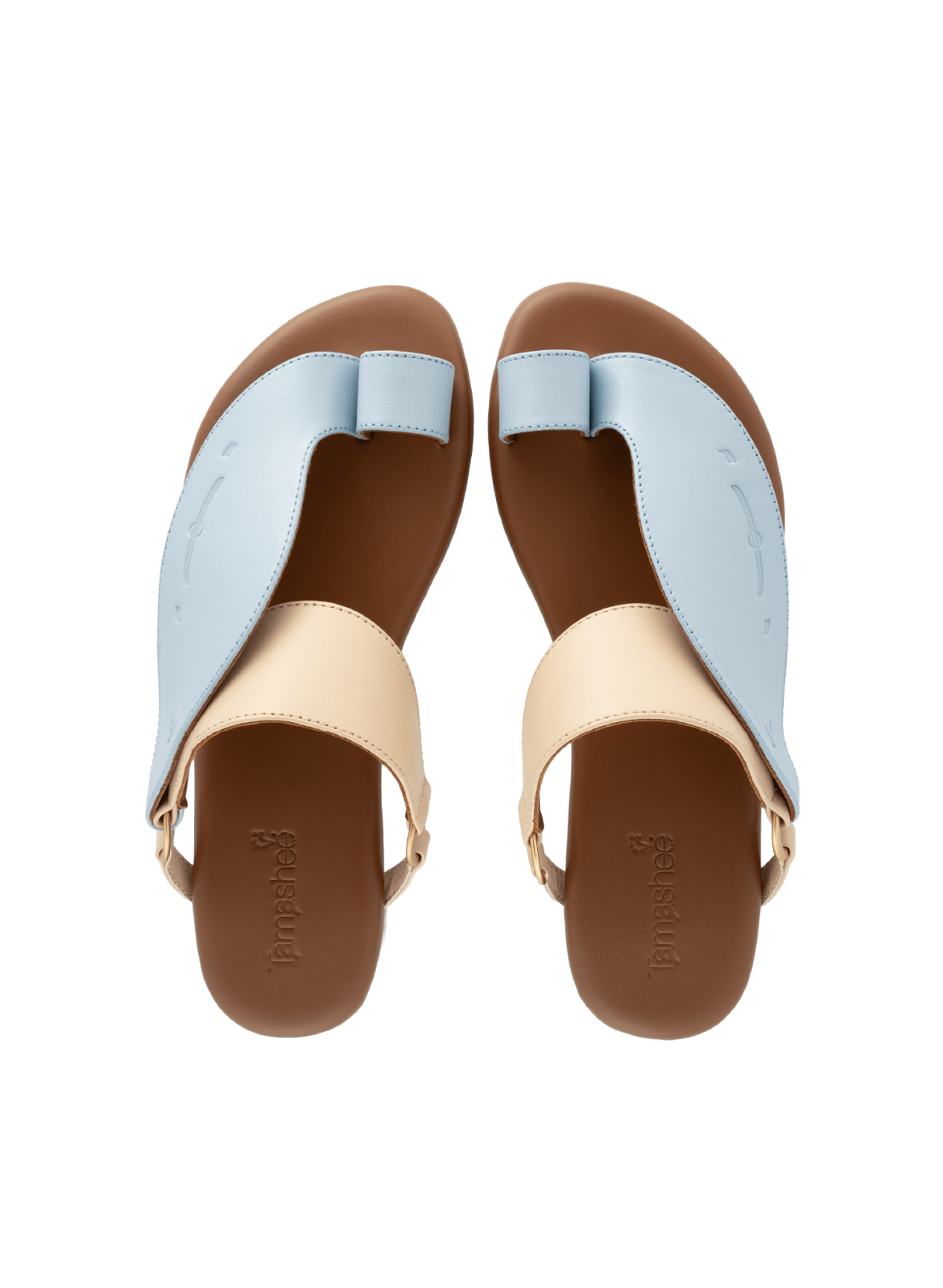 Side View of Talaheeq Women Sandals|Cow Leather Sandals For Women Stylish Arabic Flat Sandals|Talaheeq cow leather mix of natural and light blue color|Talaheeq cow leather mix of natural and light blue color|Upper View of Talaheeq Sandals For women|Highli