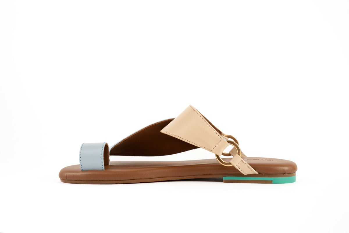Side View of Talaheeq Women Sandals|Cow Leather Sandals For Women Stylish Arabic Flat Sandals|Talaheeq cow leather mix of natural and light blue color|Talaheeq cow leather mix of natural and light blue color|Upper View of Talaheeq Sandals For women|Highli