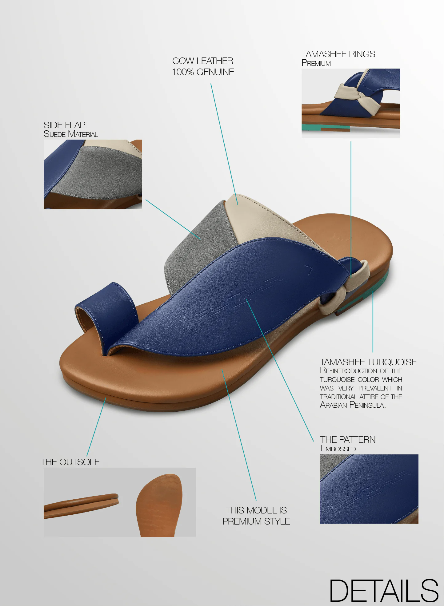 Details images of cow leather sandals for UAE weather